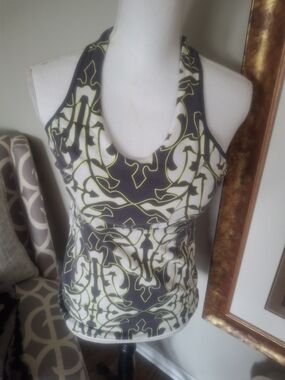Marika Gray White and Yellow Patterned Racerback Tank Top